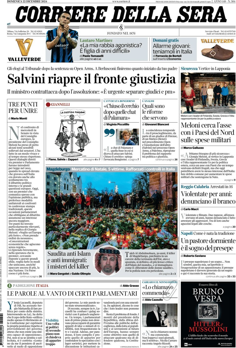 Corriere della Sera - Front Page - 12/22/2024