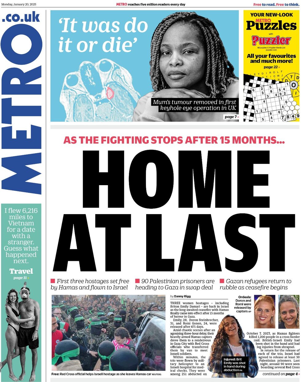 Metro UK - Front Page - 01/20/2025