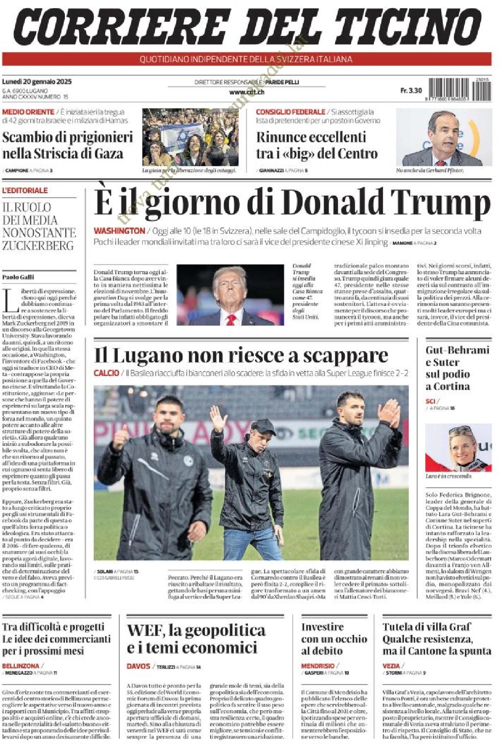 Corriere del Ticino - Front Page - 01/20/2025