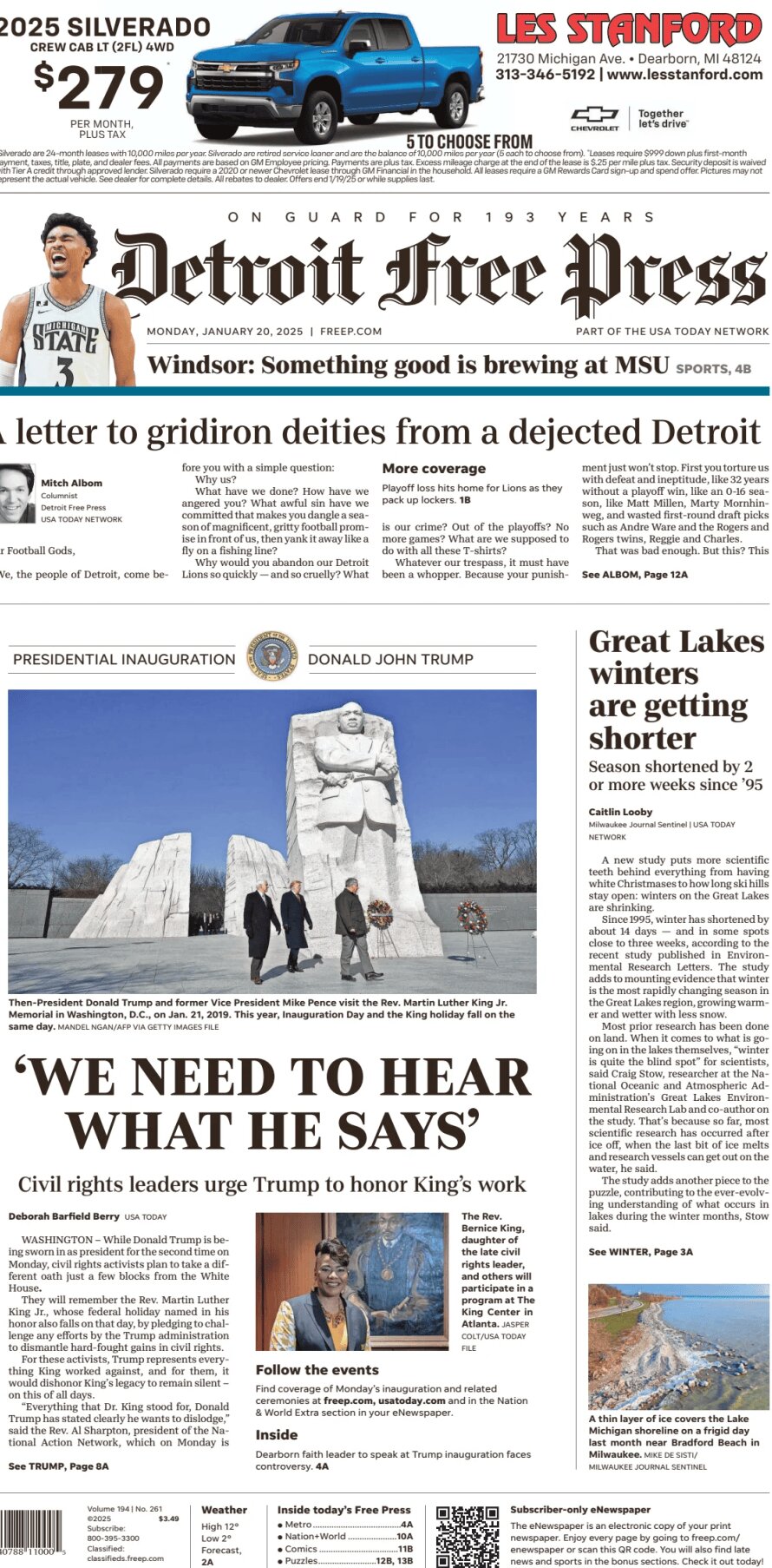 Detroit Free Press - Cover - 01/20/2025