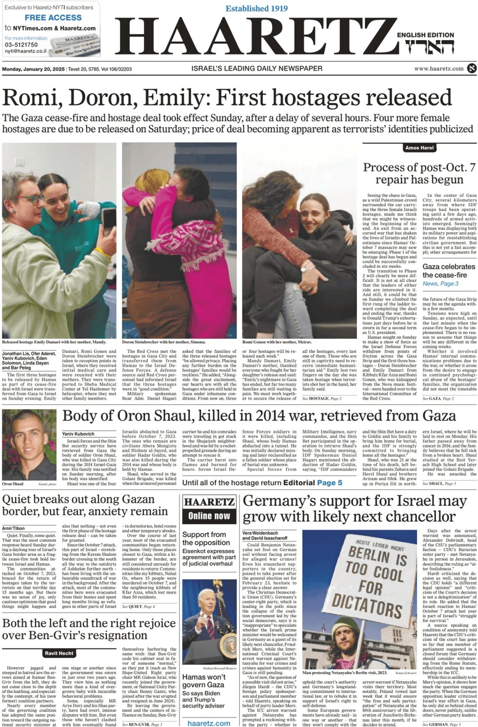 Haaretz - Front Page - 01/20/2025