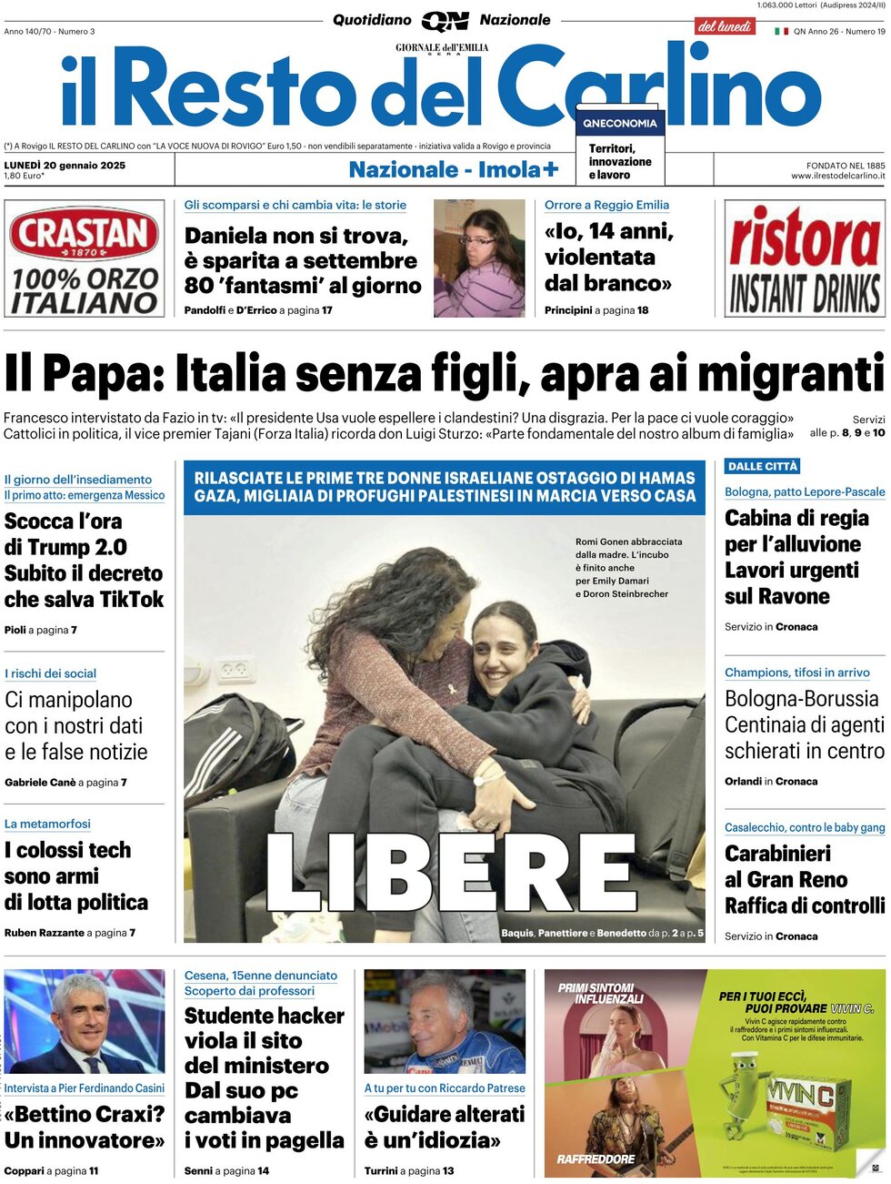 Il Resto del Carlino - Front Page - 01/20/2025