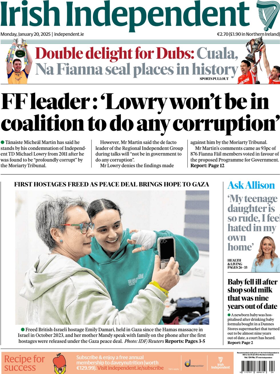 Irish Independent - Front Page - 01/20/2025