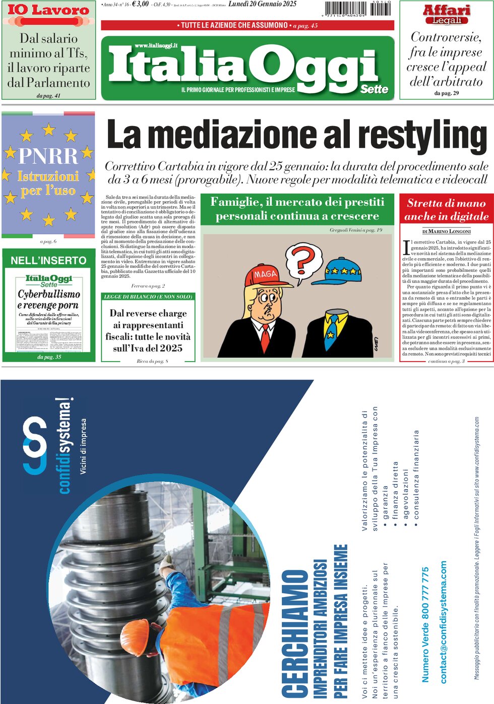 ItaliaOggi - Front Page - 01/20/2025