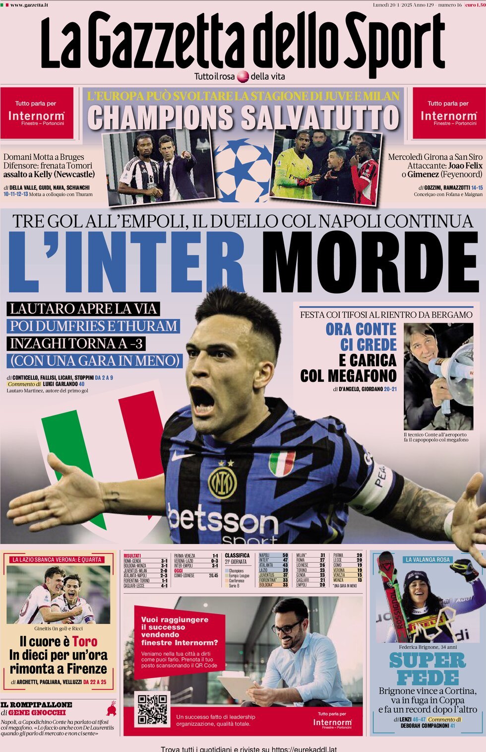 La Gazzetta dello Sport - Front Page - 01/20/2025