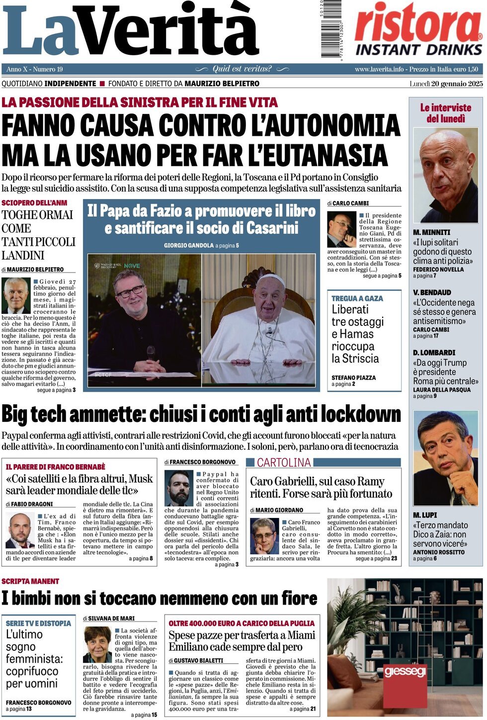 La Verità - Front Page - 01/20/2025