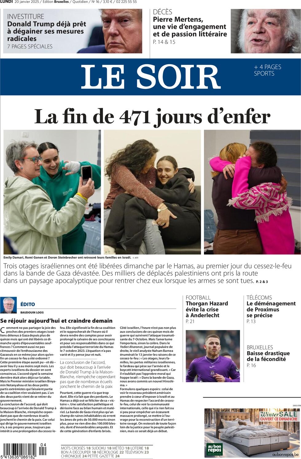 Le Soir - Front Page - 01/20/2025