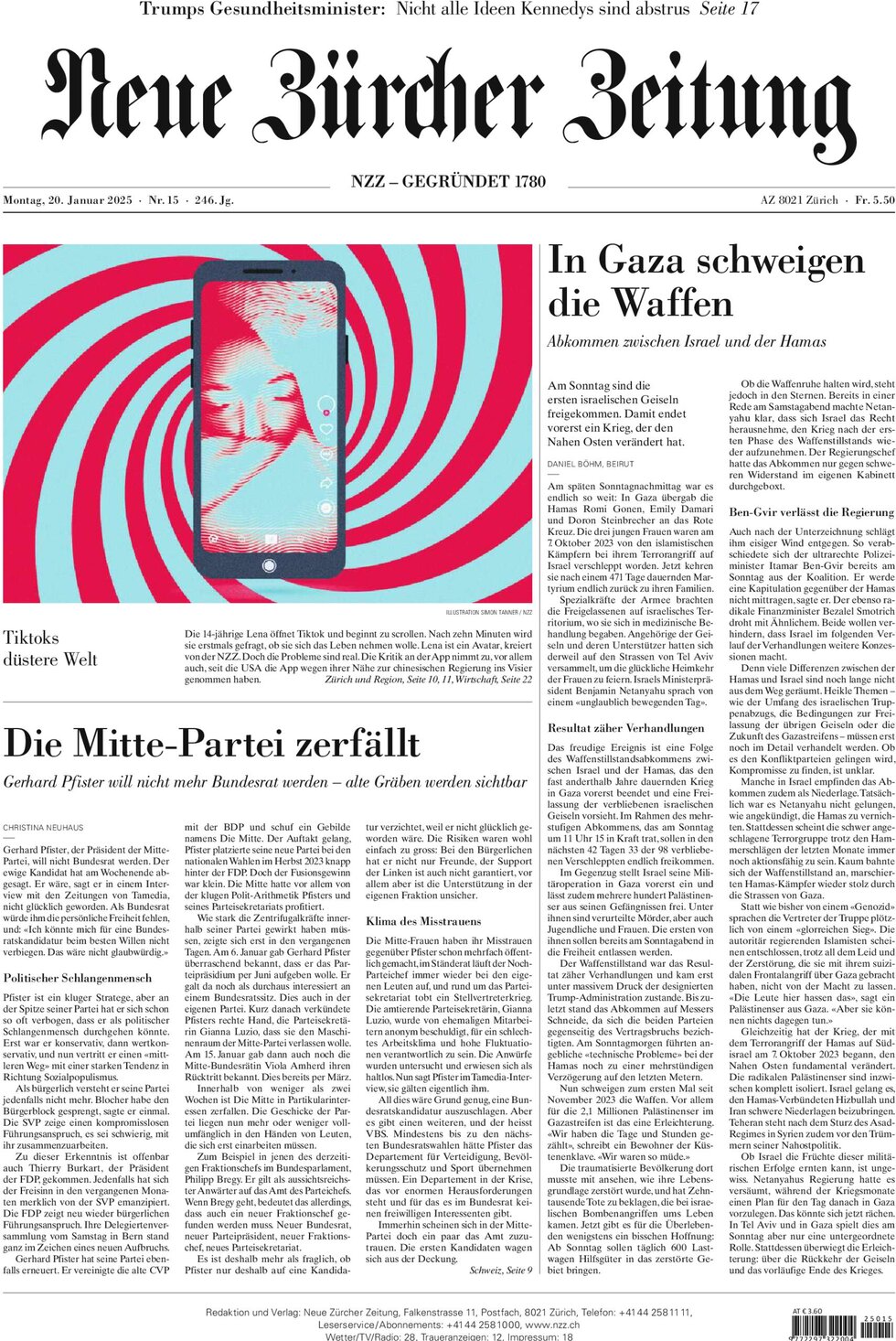 NZZ (Neue Zürcher Zeitung) - Front Page - 01/20/2025