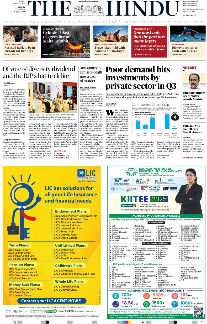 The Hindu - Front Page - 01/20/2025