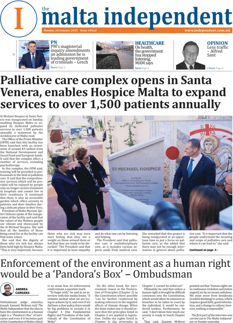 The Malta Independent - Front Page - 01/20/2025