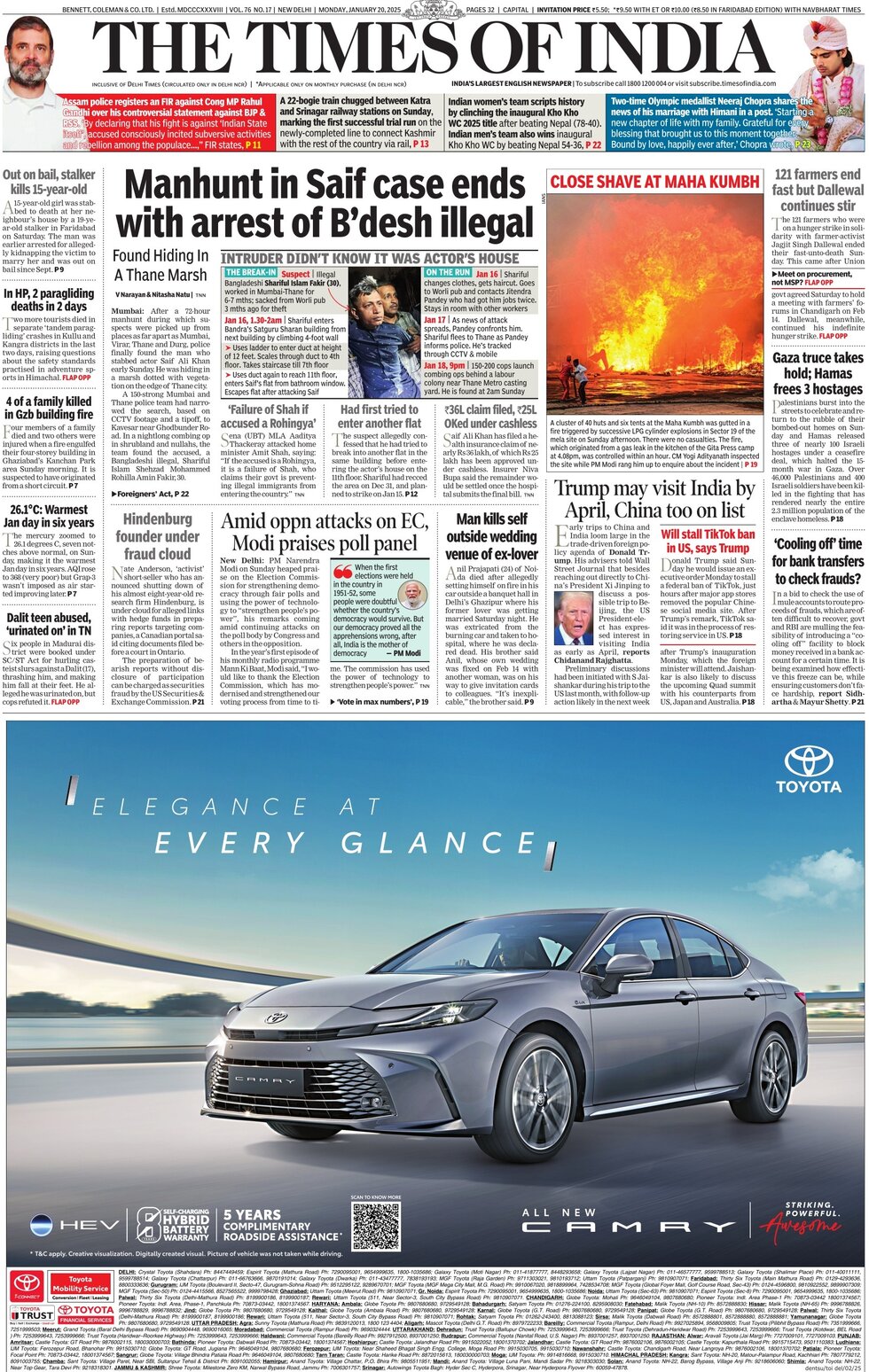 The Times of India - Front Page - 01/20/2025