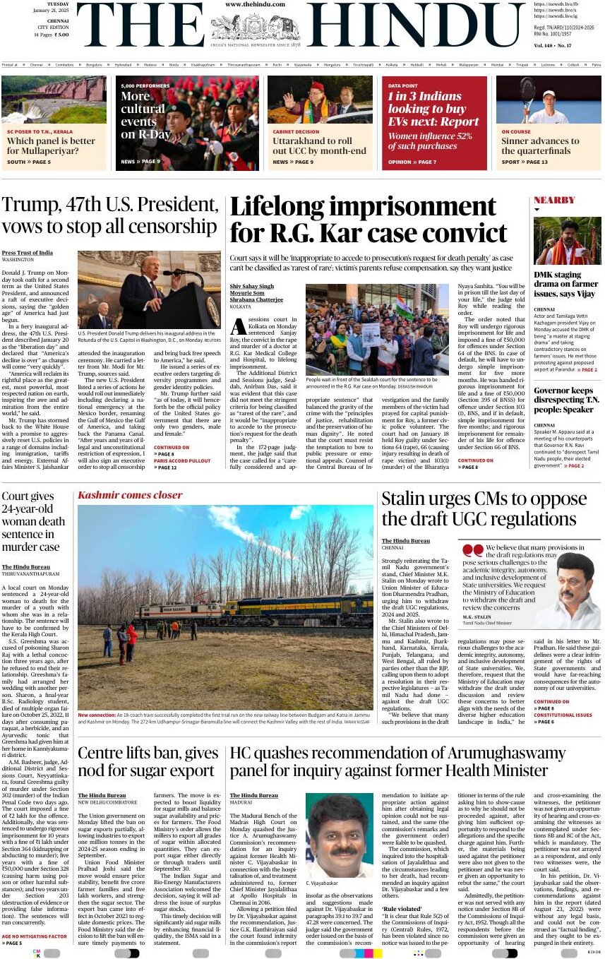 The Hindu - Front Page - 01/21/2025