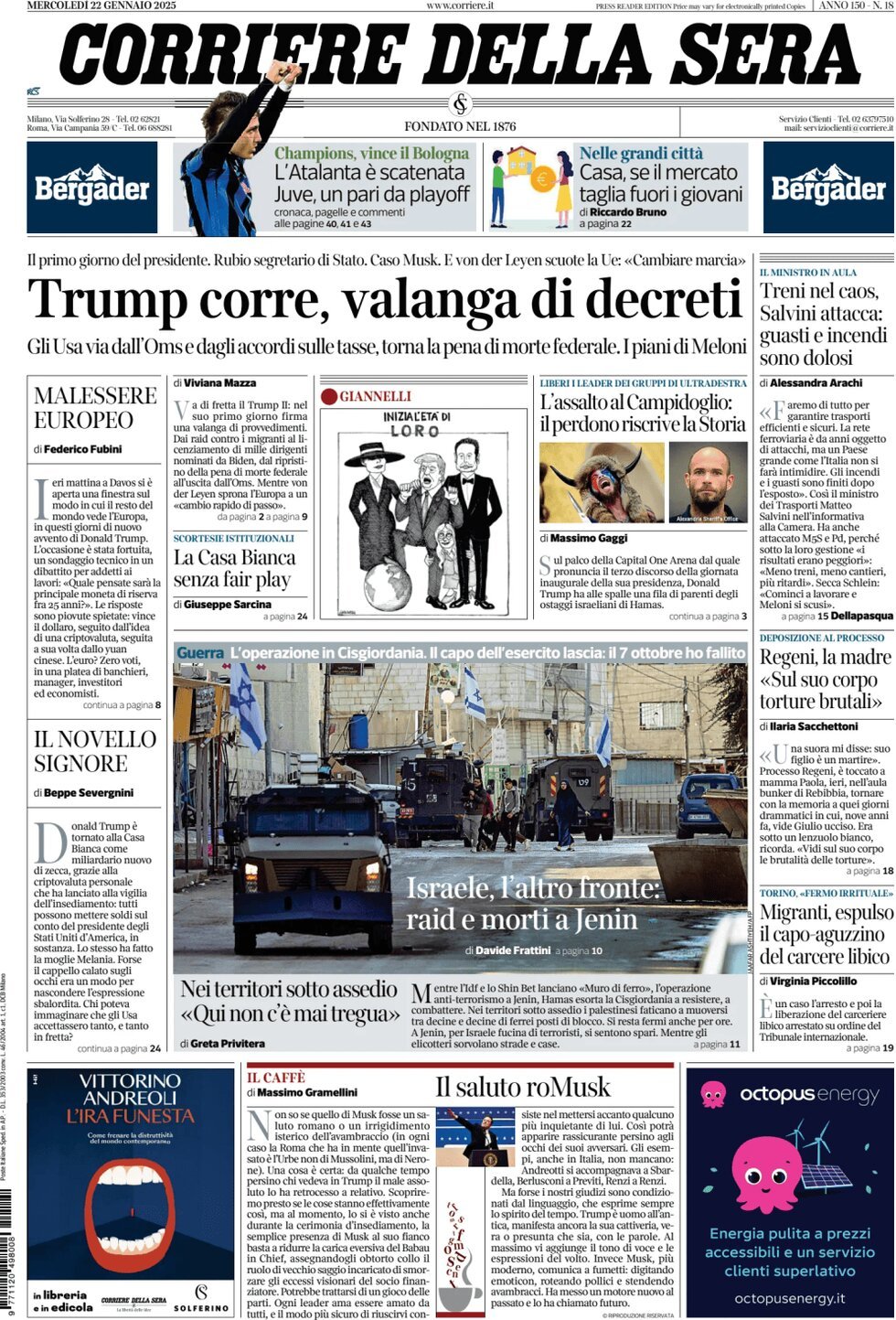 Corriere della Sera - Front Page - 01/22/2025