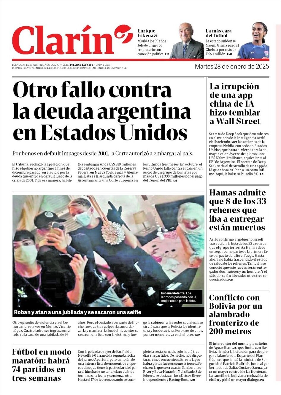 Clarín - Front Page - 01/28/2025