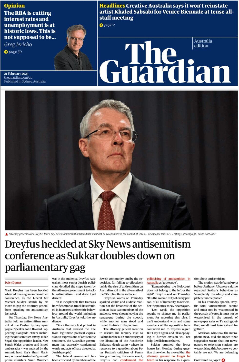 The Guardian Australia - Front Page - 02/21/2025