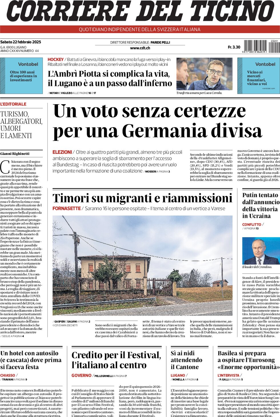 Corriere del Ticino - Front Page - 02/22/2025