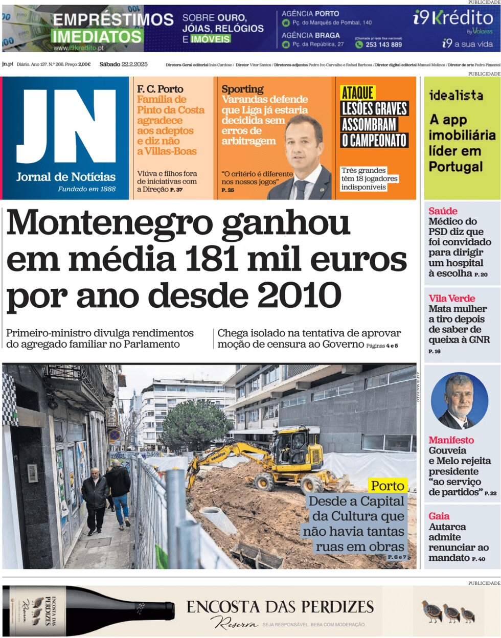 Jornal de Notícias - Front Page - 02/22/2025