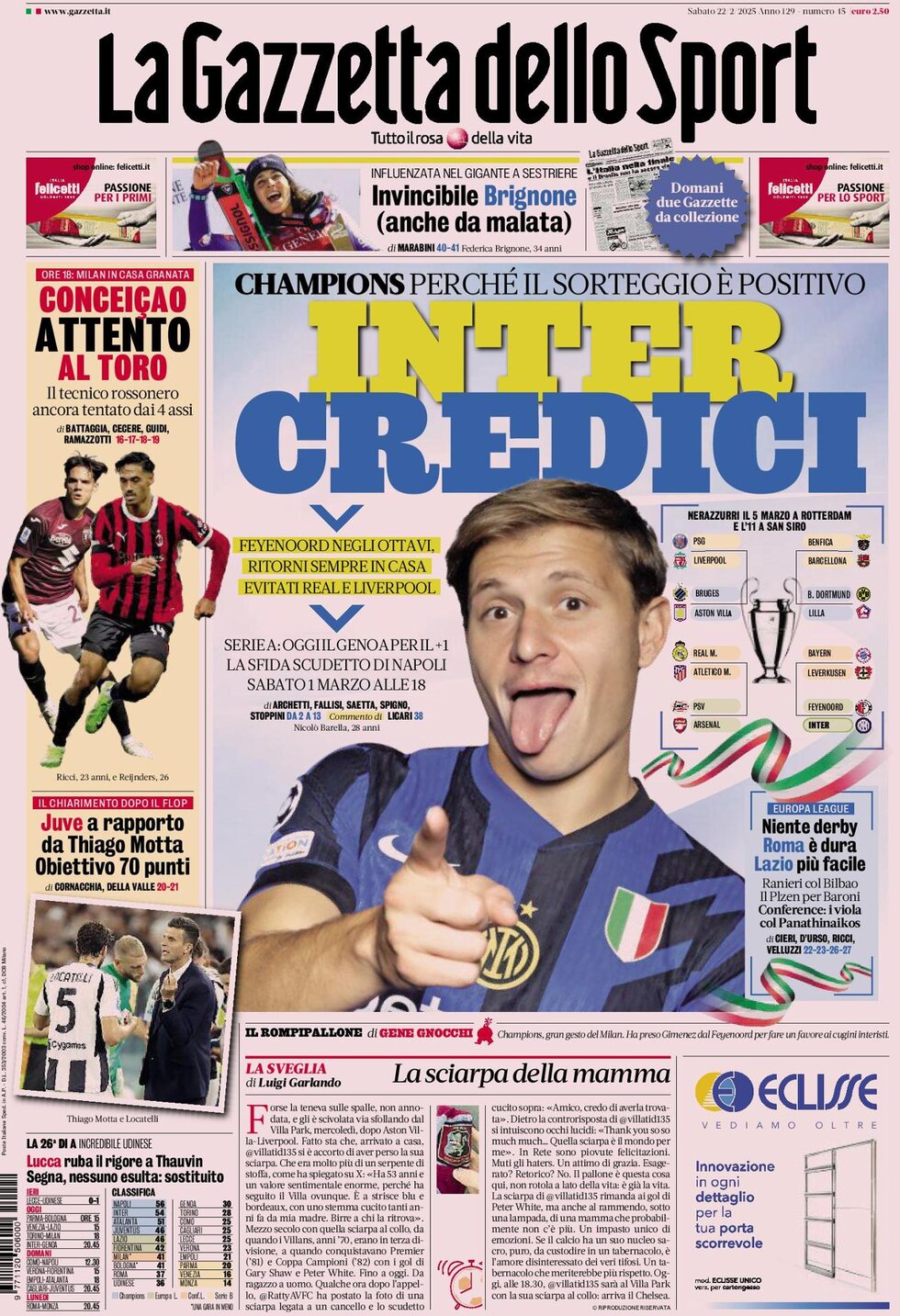 La Gazzetta dello Sport - Front Page - 02/22/2025