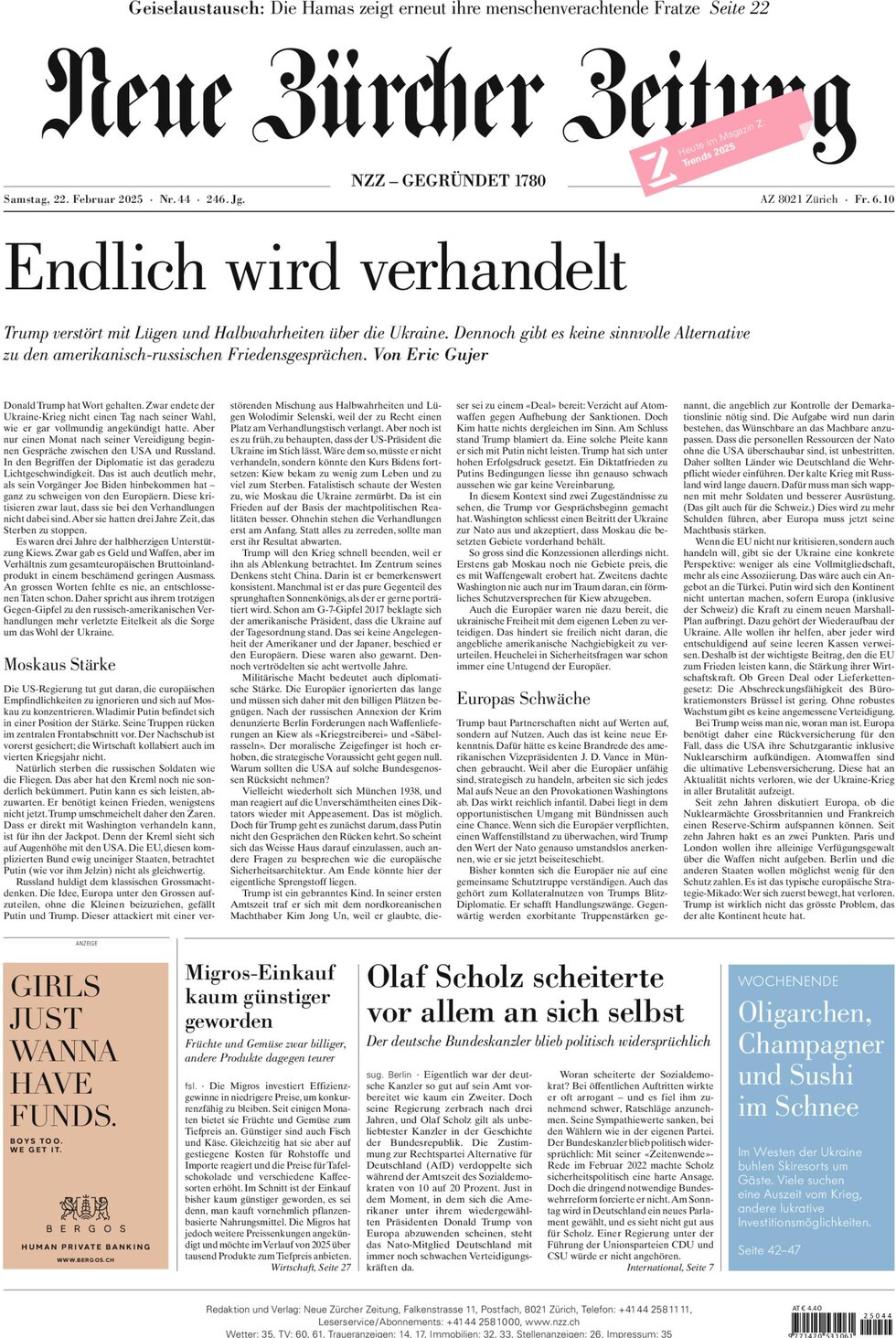 NZZ (Neue Zürcher Zeitung) - Front Page - 02/22/2025