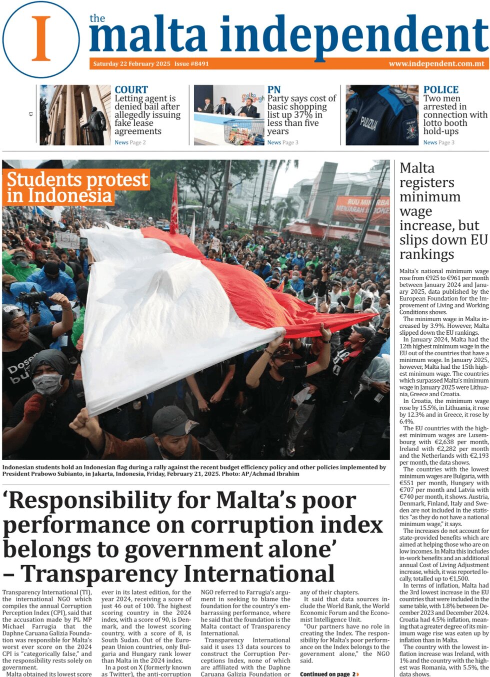 The Malta Independent - Front Page - 02/22/2025